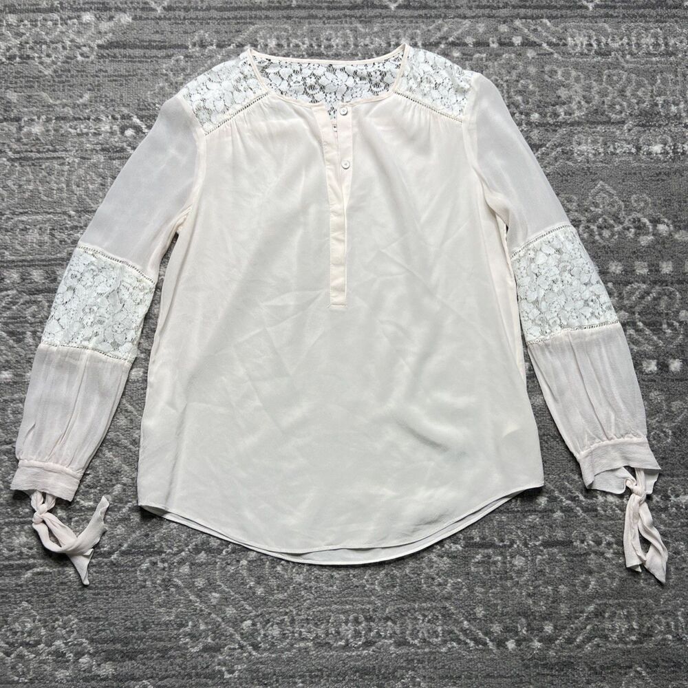 Rebecca Taylor Sarah Silk Lace Inset Popover Top Blouse Sz 2 Pale Pink Feminine